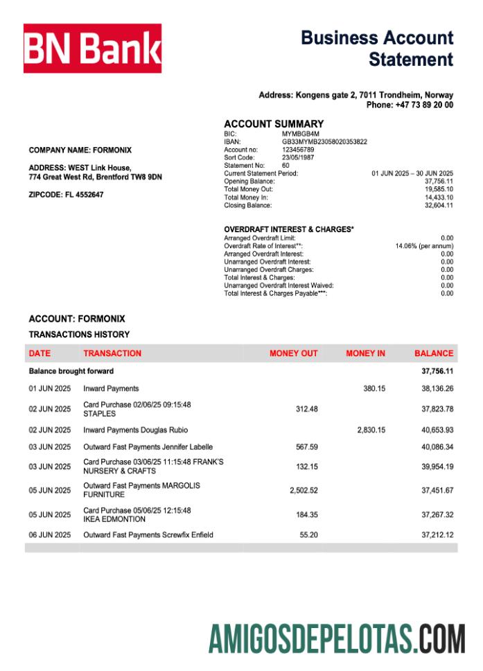 Em branco Extrato de conta da empresa do banco norueguês BN modelo Word e PDF